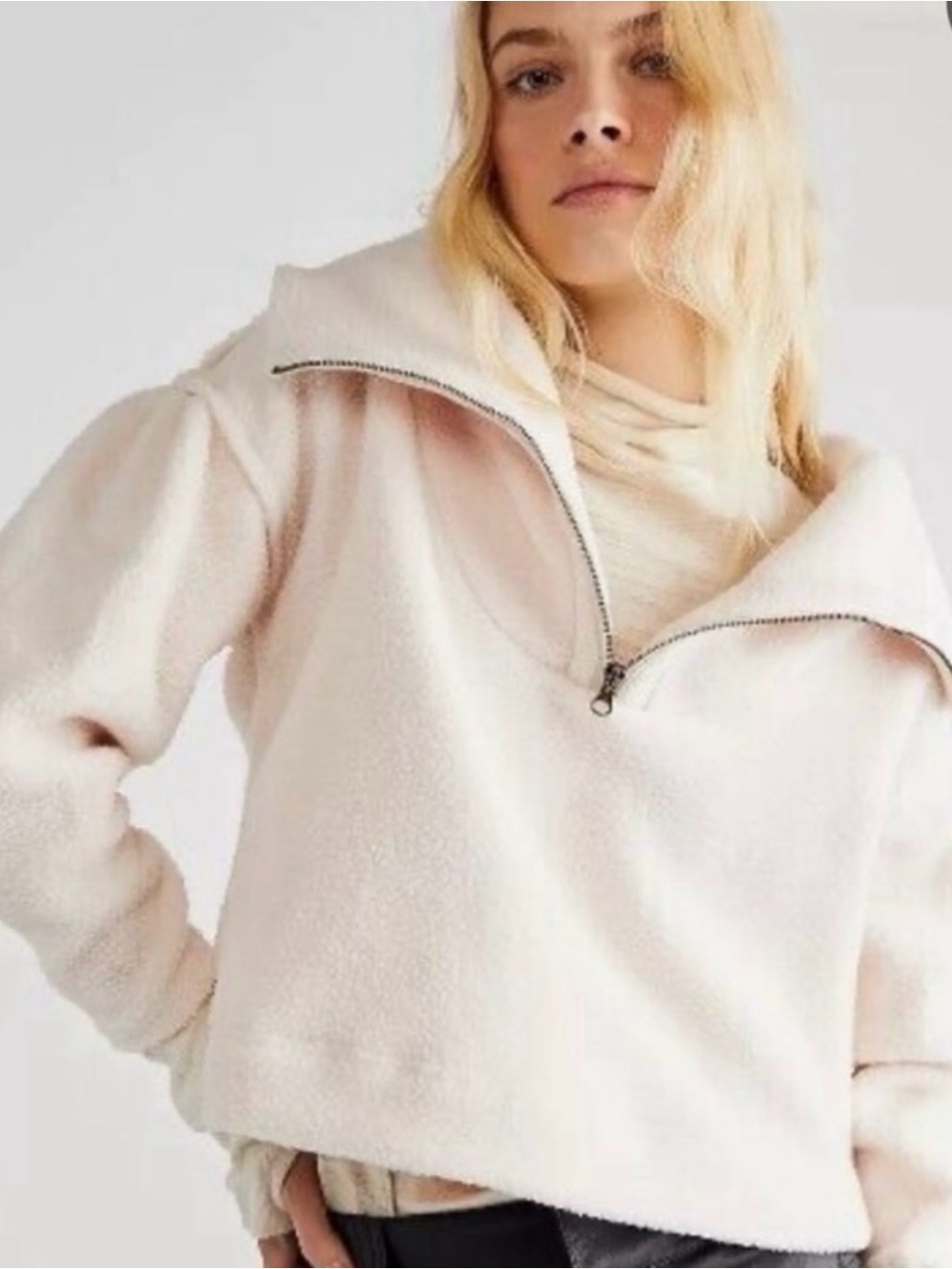 FREE PEOPLE Poppy Fleece Quarter Zip Pullover Champagne Dream XS Oversized